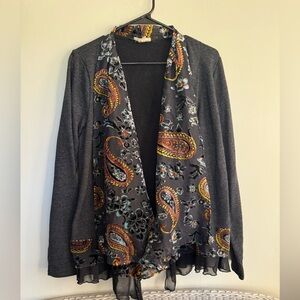 Mystree Charcoal Cardigan with Paisley Burnout Scarf Accents